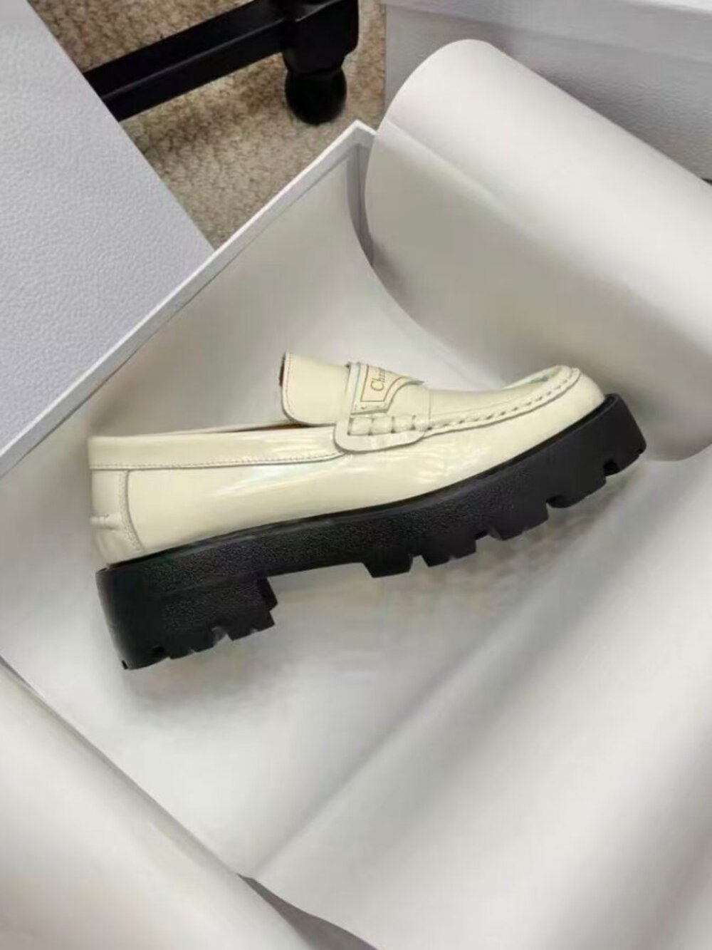 Dior White Leather Slip-On Lug Sole Loafers - Picture 3 of 6